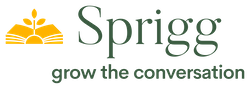 Sprigg logo - Yellow open book with plant sprouting from center